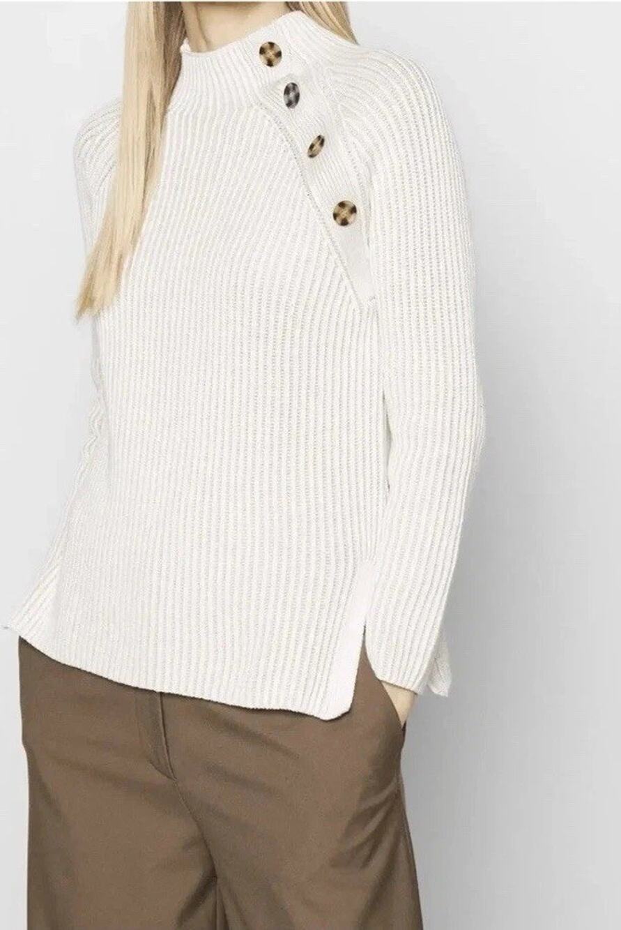 Women's Size S Gap Beige Tan Asymmetrical Button Mockneck Sweater Cotton